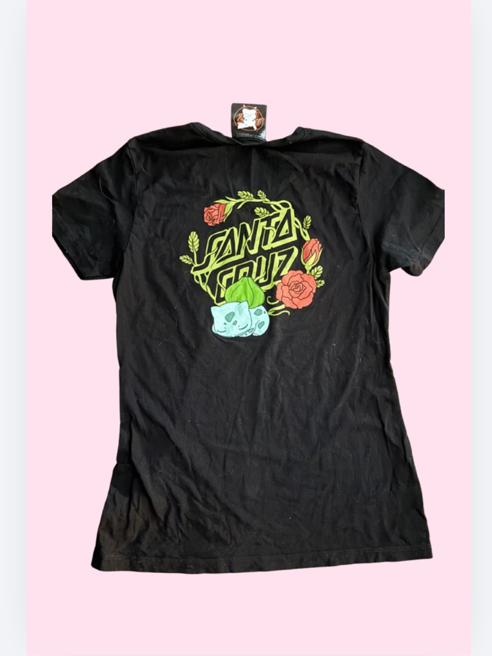 pokémon Santa Cruz Skateboards Black Tee with Green Logo and Red Roses
